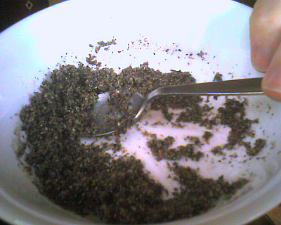 a bowl full of dark, clumpy stuff, with a spoon in it