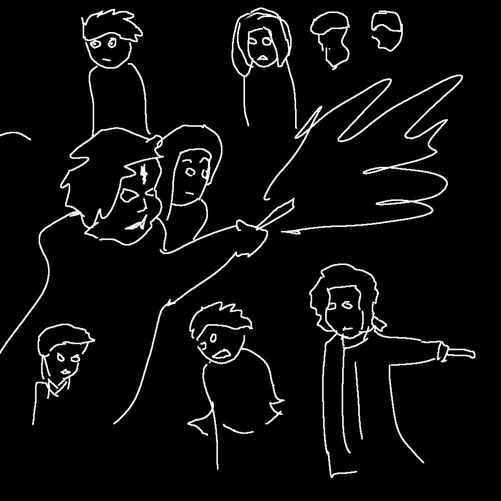 [Drawing: About 7 of the characters of Voldemort's Children, as a simple white line drawing on a black background.]