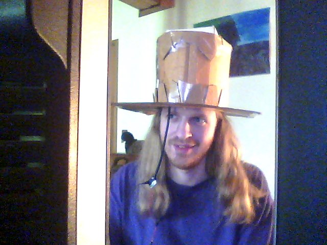 [Photo: Me wearing a top hat made out of cardboard, with a power cord dangling past my face.]