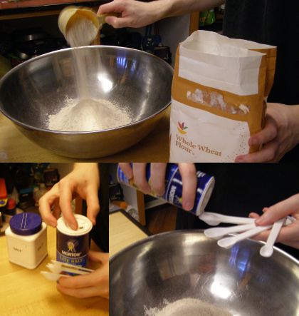 Three images: Me pouring whole wheat flour into a large metal bowl, me with two containers of salt, and me carefully pouring salt into a teaspoon above the bowl of flour.