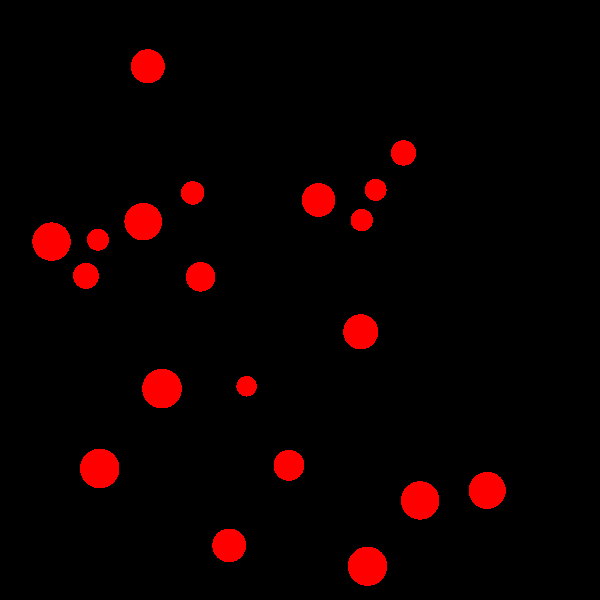 A screenshot of the example; 20 red circles on a black background