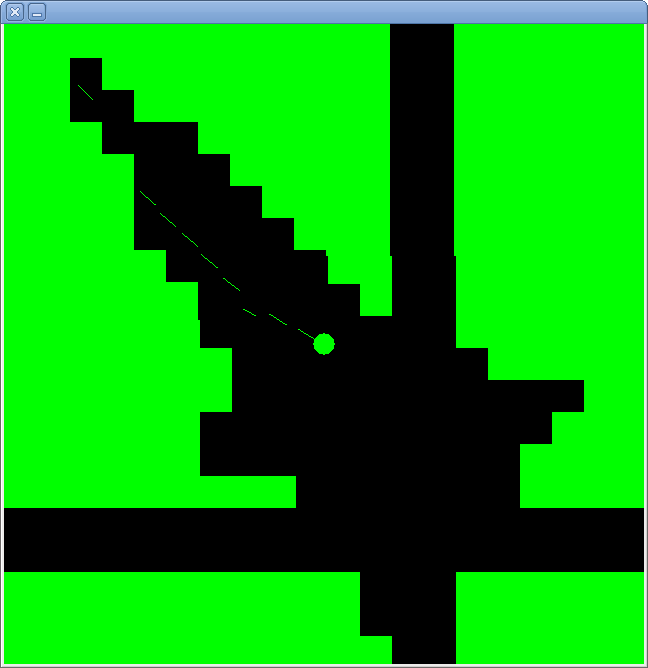 A screenshot of the Haskell game: a green circle drilling a hole in green walls with green lasers