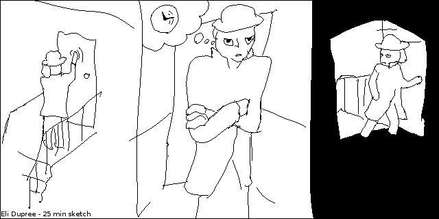 Image: Three panels. The first panel shows a person knocking at a door. The second shows zem waiting impatiently, thinking about the time. The third shows zem entering through the door, looking around. At the bottom left is a note that says 'Eli Dupree - 25 min sketch'